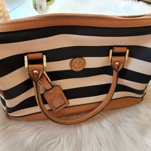 Tory Burch_Kerrington Awning Stripe Navy/White/Tan Coated Fabric & Leather Satch